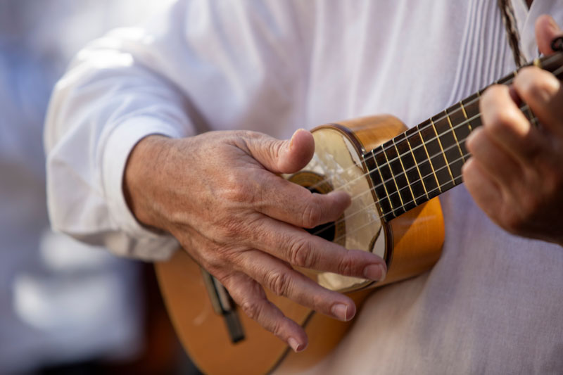 Primo piano di un uomo delle Isole Canarie che suona uno strumento tradizionale, il timple